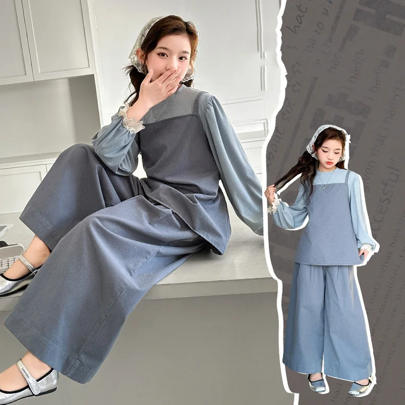 

Kids Girls 3pcs Suit Round Neck Long Sleeves Top+Drawstring Vest+Elastic Waist Wide Leg Pant Children Girl Outfit 4-14Y Girl Set