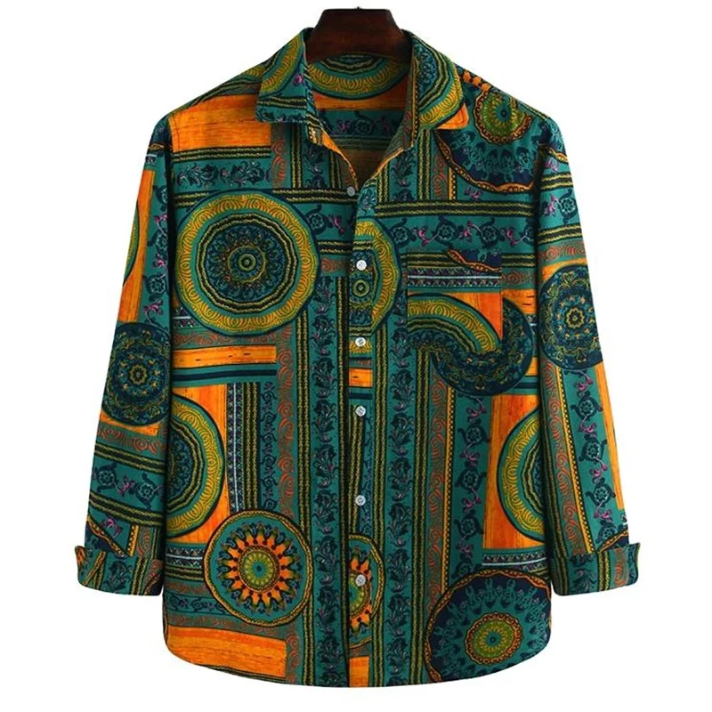 

New retro striped pattern printed men's new comfortable fabric long sleeved shirt tribal ethnic style top