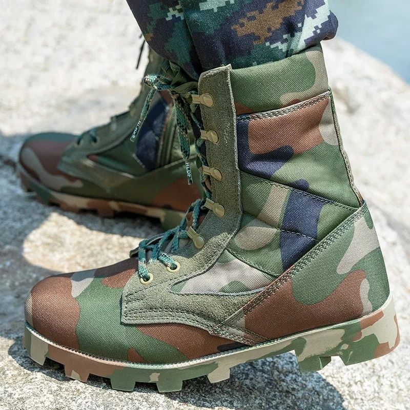 Kamuflaż taktyczne buty wspinaczkowe męskie wysoki górny zamek błyskawiczny na boku treningowe buty robocze w pustyni Outdoor alpinizm buty górskie