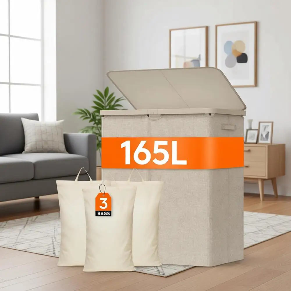 

Большая корзина для белья на 165 л с крышкой, пластиковыми ручками, съемным мешком, идеально подходит для прачечных, спален и общежитий, бежевого цвета.