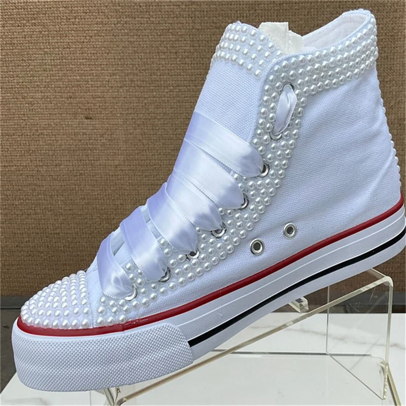 Handmade custom high top original pearl lace wedding plimsolls Women's plus-size comfortable casual sneakers 35-44