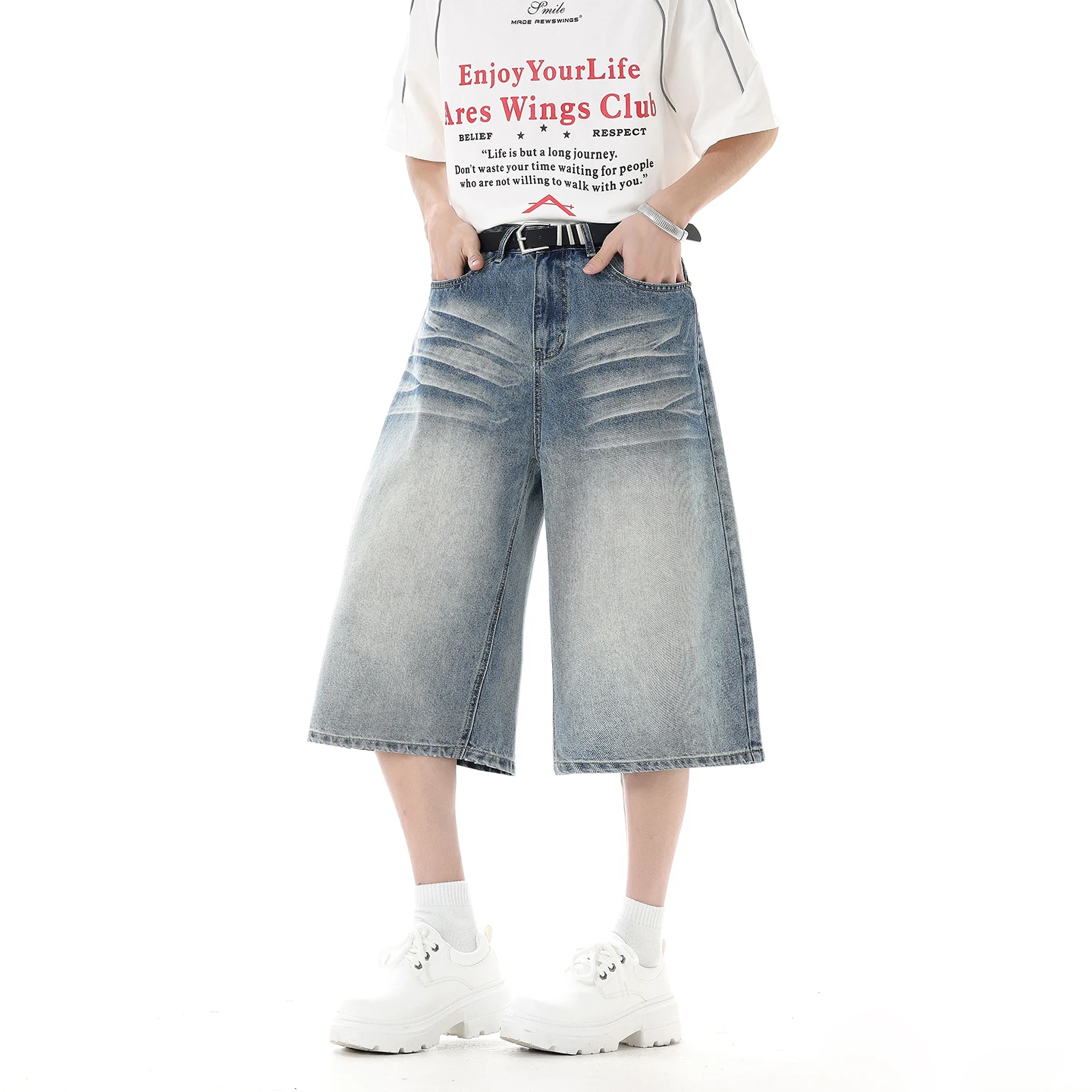 

Summer Denim Shorts Men's Baggy Wide Leg American Retro Washed Calf Length Jeans Fashion Streetwear Loose Casual Short Pants