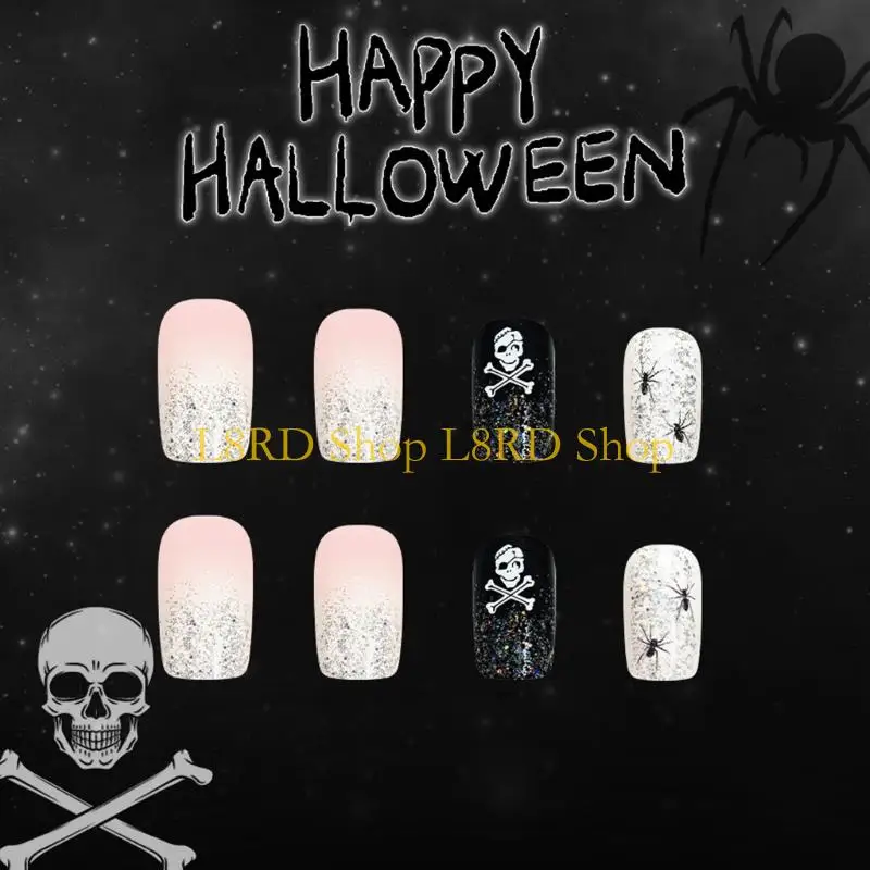 L8RD Halloween Press on French Tips Fake Acrylic Square False Glues on on for Womens
