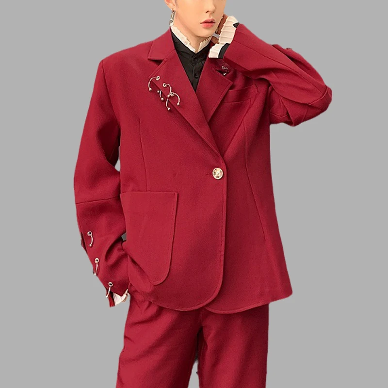 

Vintage Men Blazer Solid Color Lapel Long Sleeve One Button Iron Ring Decoration Leisure Suits Men Streetwear Wine Red Jackets