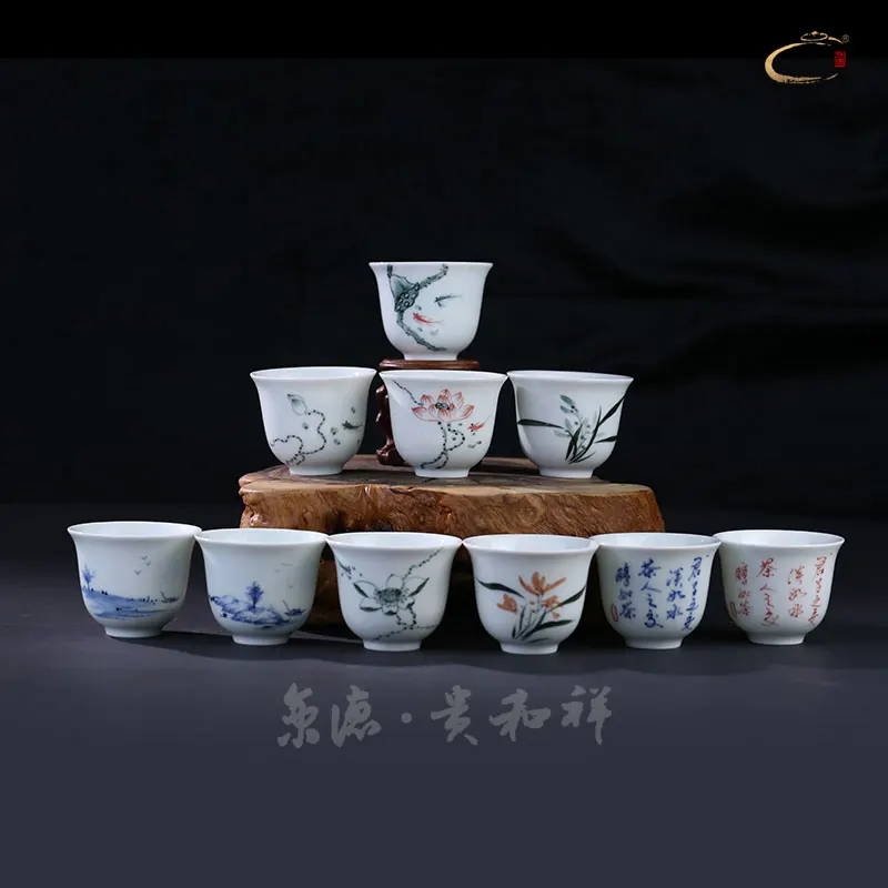 

Guihe Xiang Owner Cup Single Cup Jingdezhen Hand-Painted Lacape Floral Small Tea Cup Gongfu Tea Bowl Jade Clay Bell Cup