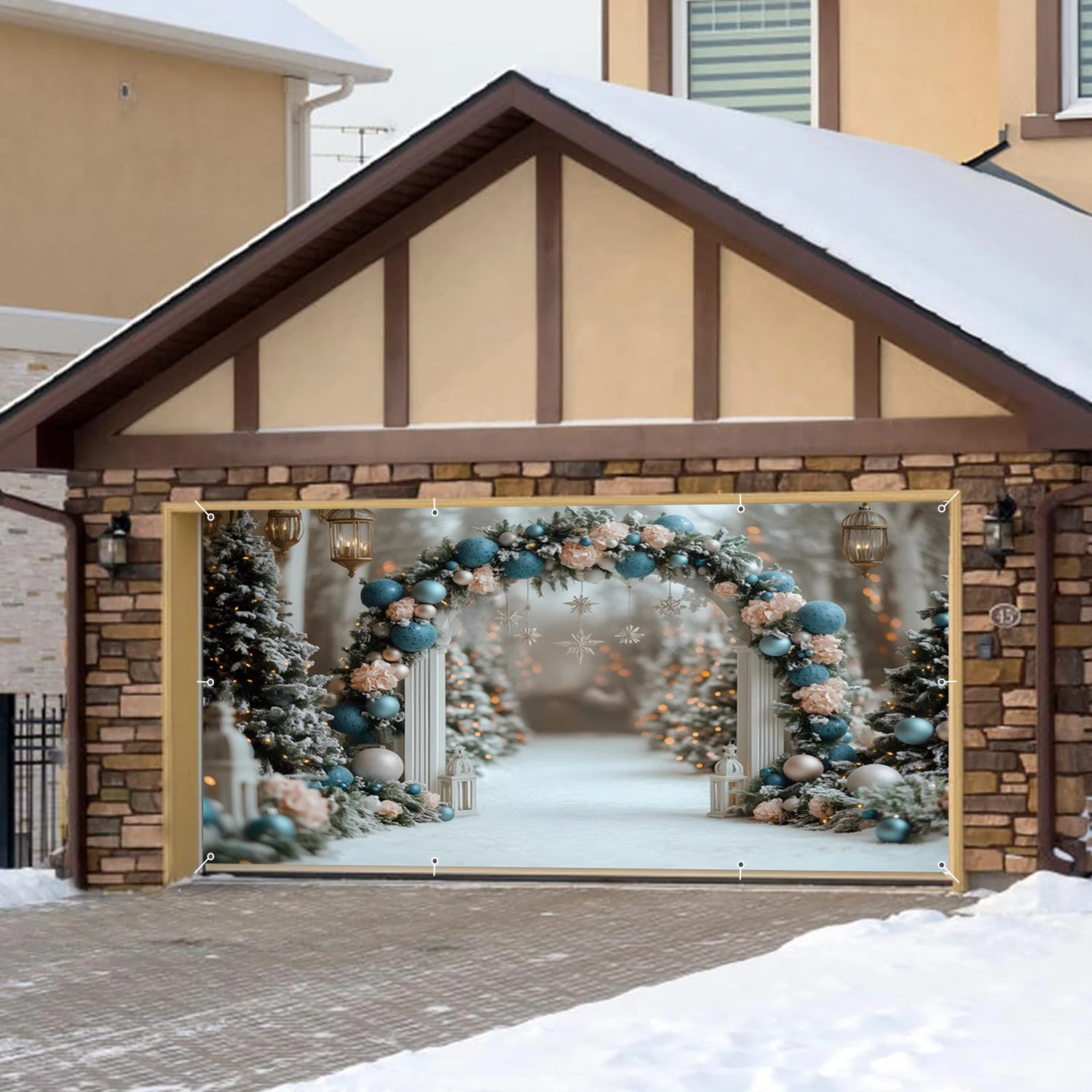 Christmas Wreath Arch Garage Door Cover Winter Forest Snow Scene Large Outdoor Hanging Banner Fence Xmas Tree Decoration Poster