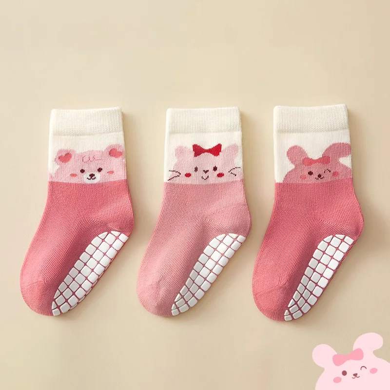 AIBEDILA 3 Pairs Kids Floor Socks Toddler Baby Anti-slip Socks Cute Pink Cartoon Cat Pattern Cotton Stockings Autumn Winter 0-5Y