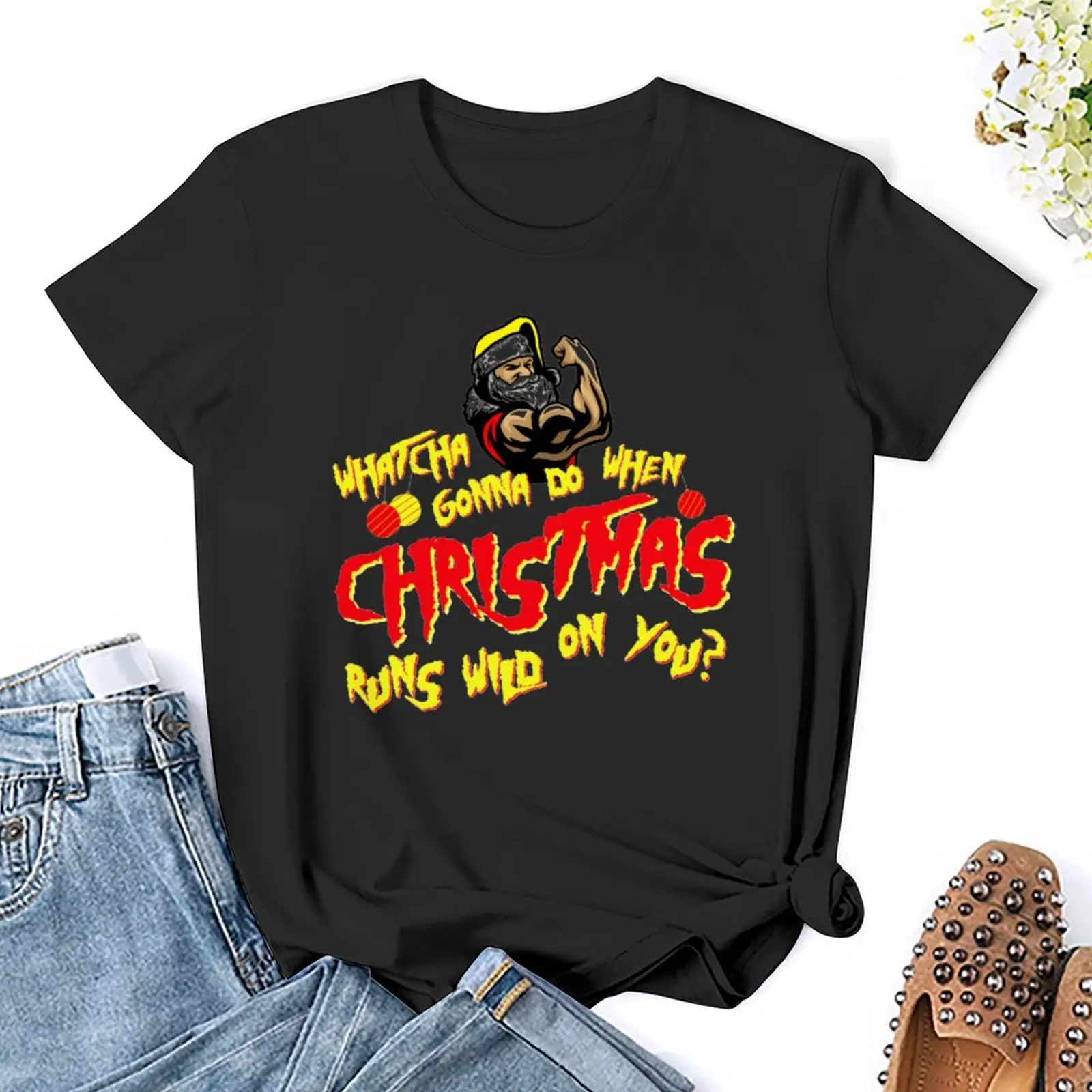 Funny 80s Pro Wrestling Christmas Whatcha Gonna Do T-shirts Funny Graphic T-shirt Round Neck Movement  Funny Novelty Home