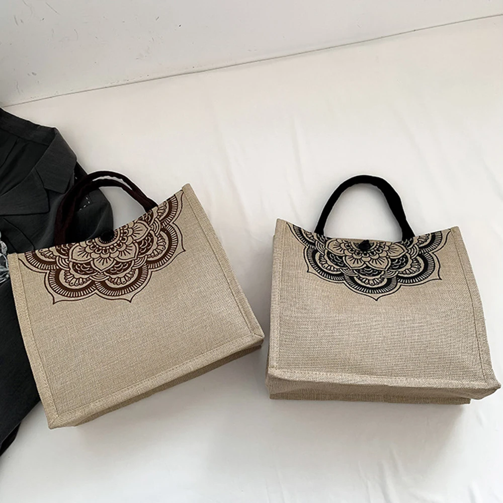 Vintage Linen Handbags For Women Fashion Tote Beach Bags Eco-Friendly Shopping Satchel Large Capacity Shoulder Commuter Bags