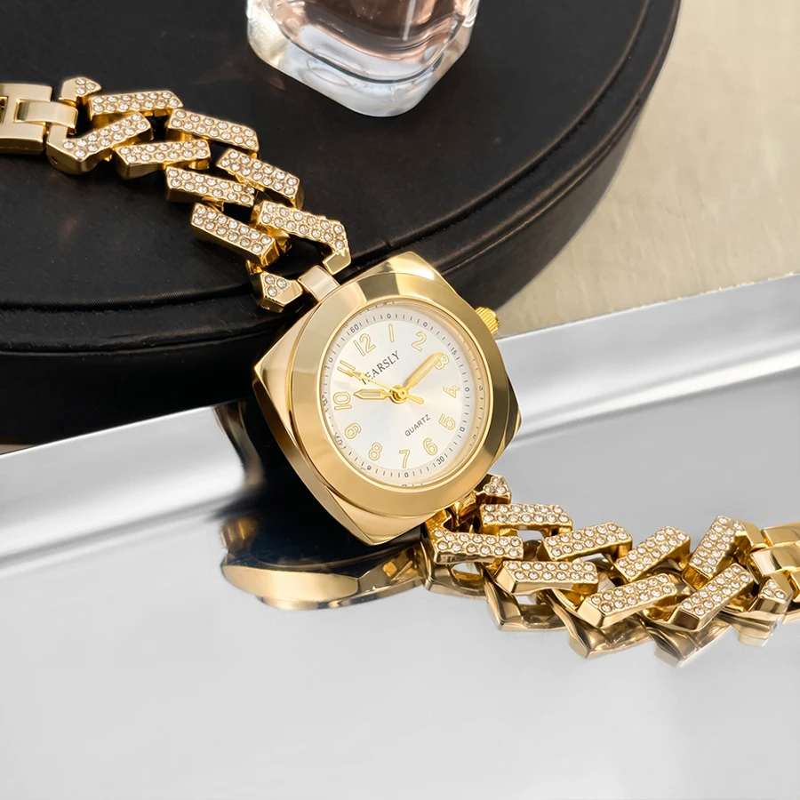 Classic Square-Bezel Round Dial Diamond-Accented Flexible Strap Gold Watch for Woman