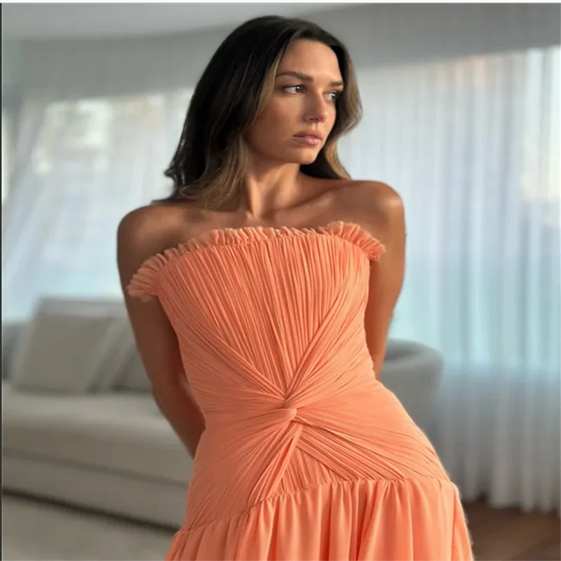 Vestidos largos de gasa rosa para mujer, lujosos, de noche, sin tirantes, plisados, elegantes, para fiesta de graduación y cumpleaños, personalizados, 2025