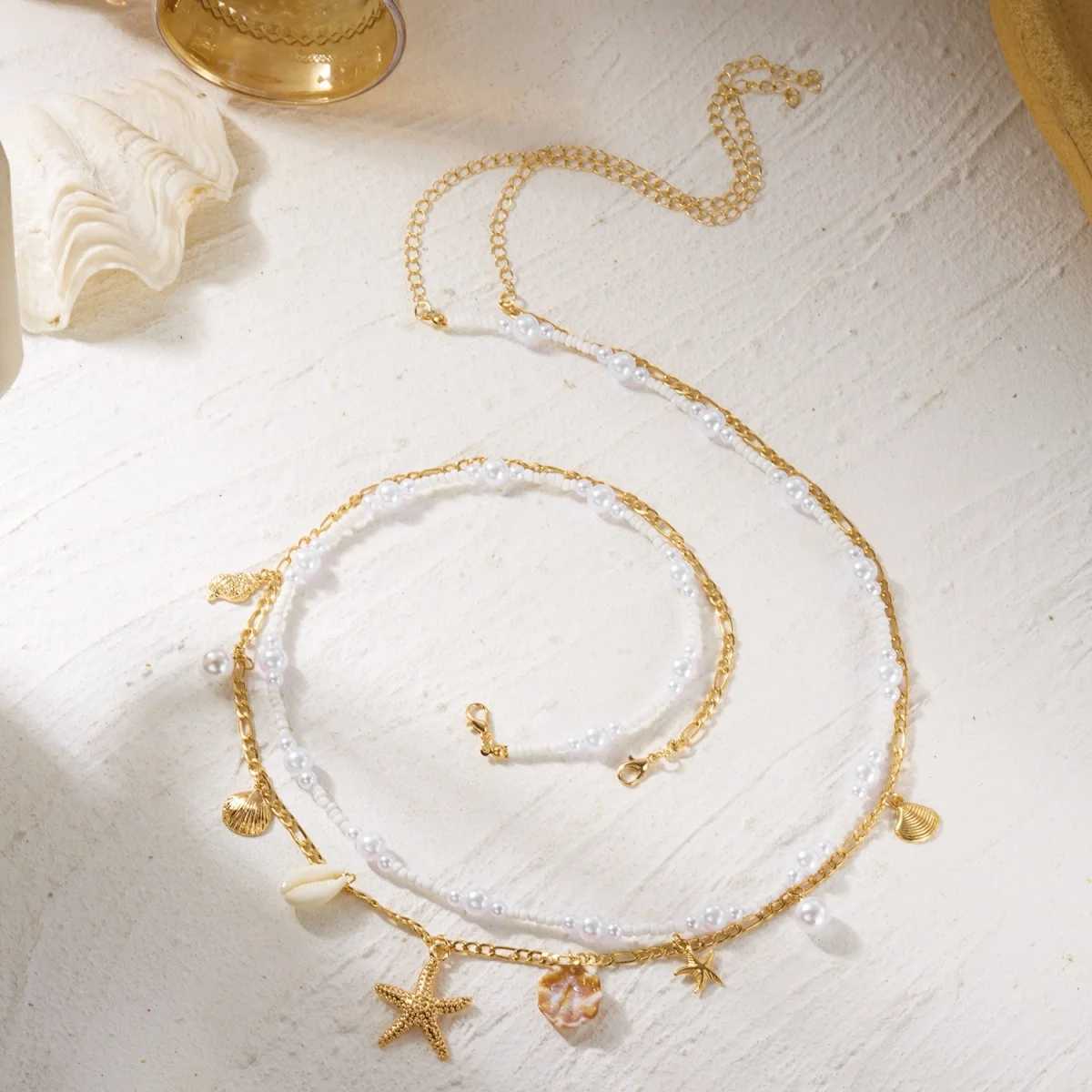 Bohemia Doppellagige Seestern-Muschel-Blütenblatt-Taillenkette für Damen und Herren, Sommer-Strand-Kette mit Imitationsperlen, Bauchkette, Körperschmuck – Detail 16