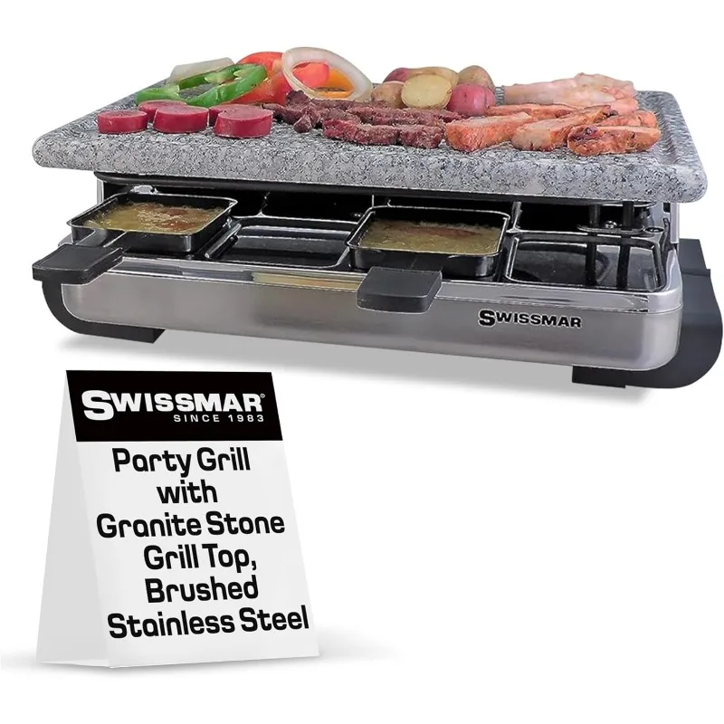 Swissmar Party Grill with Granite Stone Non-Stick Grill Plate/Crepe Top, Outdoor & Indoor Electric BBQ Grill, 8-Person, Silver