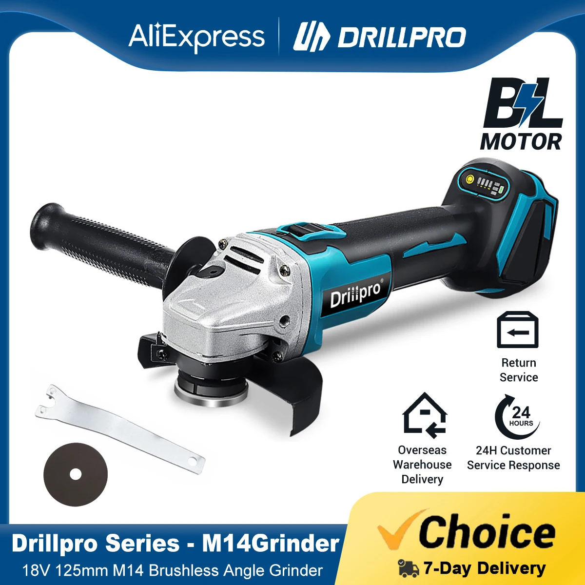 

Drillpro 18V 125mm M14 Brushless Impact Angle Grinder Cordless Cutting Machine Polisher Power Tools compatible Makita Battery