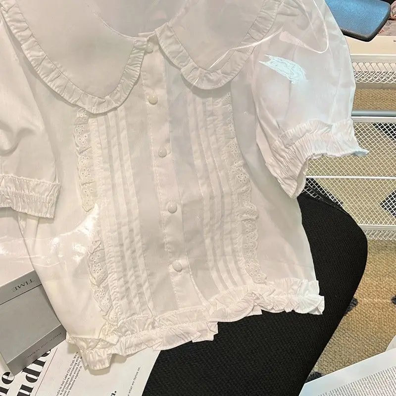 2024 Korean Chic Small Doll Design Feeling Lace Puff Sleeve Minus Age Joining Together With Collar Short top Solid color Z902