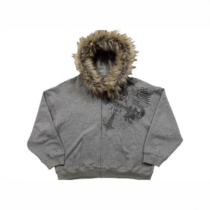 سترة قوطية ذات ياقة بسحاب من الجلد الاصطناعي سترة مفتوحة مطبوعة Y2K ملابس خارجية عصرية للنساء