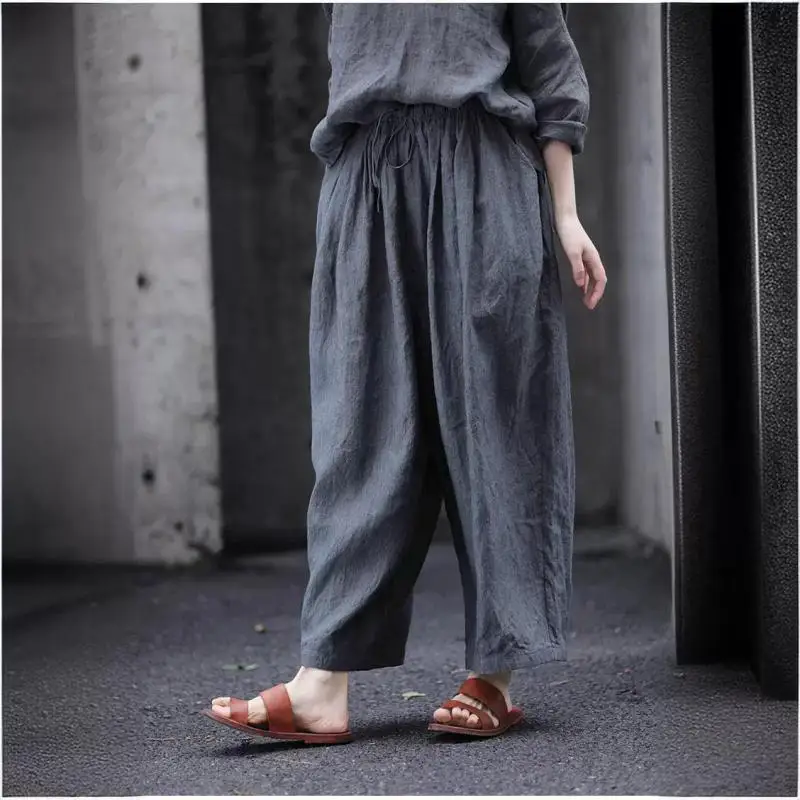 Spring Summer Arts Style Drawstring Design Loose Ankle-length Women Pants All-matched Casual Linen Wide Leg Pants Good Quality