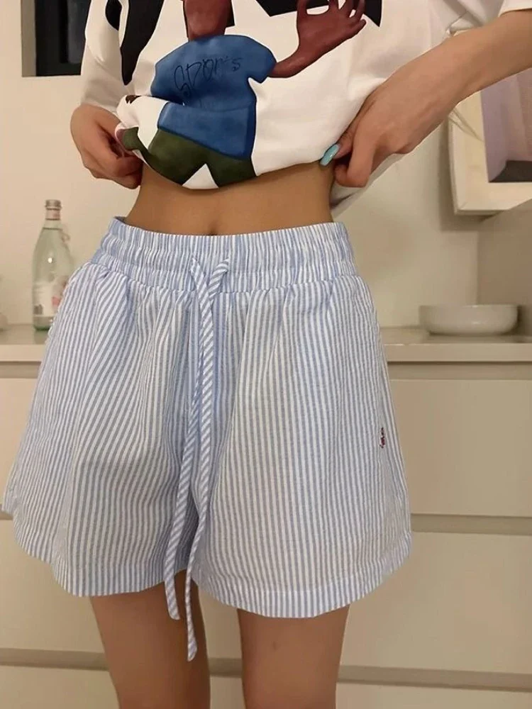 Y2k Striped Shorts Women Outwear Harajuku Blue Elastic Waist Short Pants Korean Fashion 2000s Y2k Vintage Casual Retro Trousers