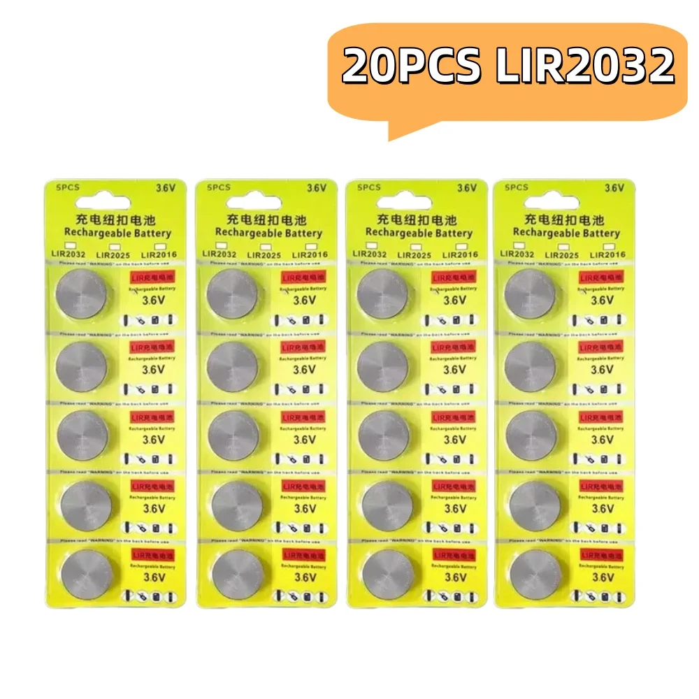 2-50PCS LIR2032 Conveniently Rechargeable Battery 2032 Lithium charging Can Replace 3.6v 40mAH CR2032 for watches Coin Battery