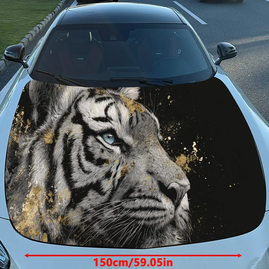 Car Decal Tiger in Artistic Background with Gold Speckled Elements & Fierce-Artistic Visual Details Car Hood Sticker, Waterproof