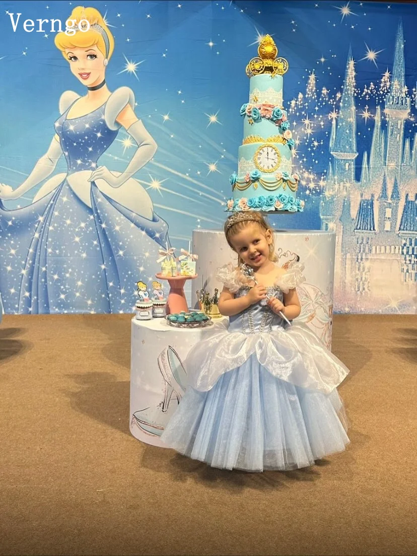 فستان حفلات أعياد الميلاد للفتيات باللون الأزرق اللامع من Verngo بأكمام قصيرة على شكل حرف A فساتين الأميرة على شكل زهور فستان حفلات المشاهير للأطفال مخصص