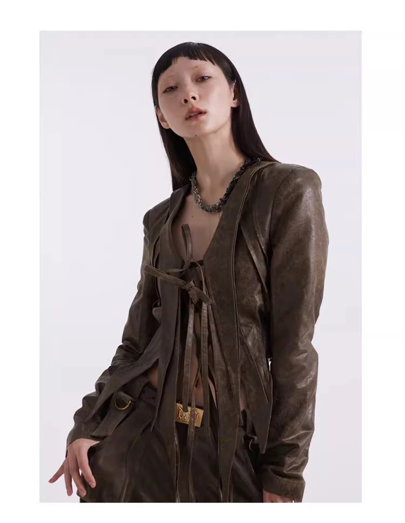 

2024 Spring Autumn Cool Distressed Brown Faux Leather Jacket Women V Neck Long Sleeve Luxury Designer Clothing Runway Fashion