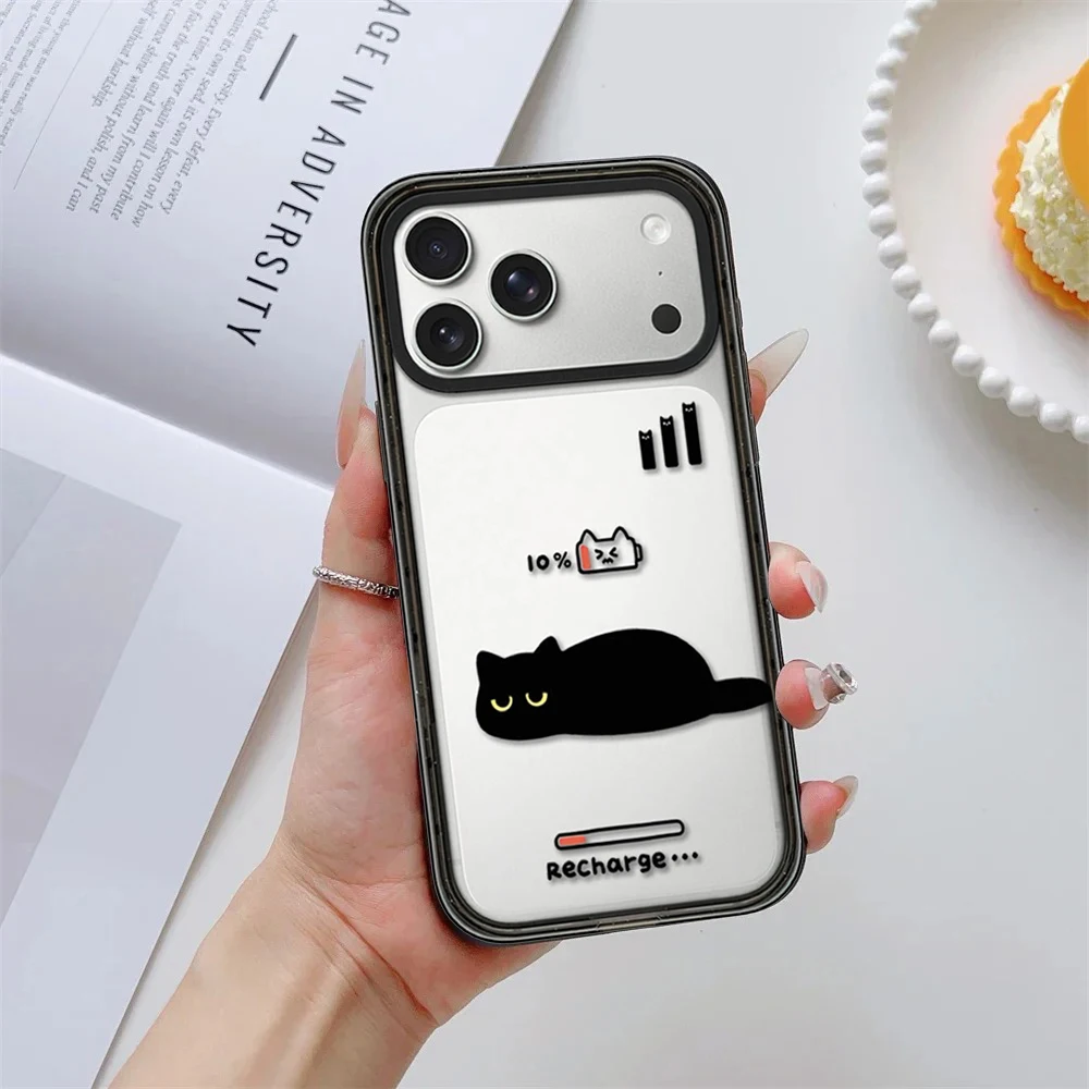 Lazy Black Cat Impact Black / White Border Magnetic Phone Case Cover for IPhone 13 14 15 16 17 Pro Max Case for IPhone Air