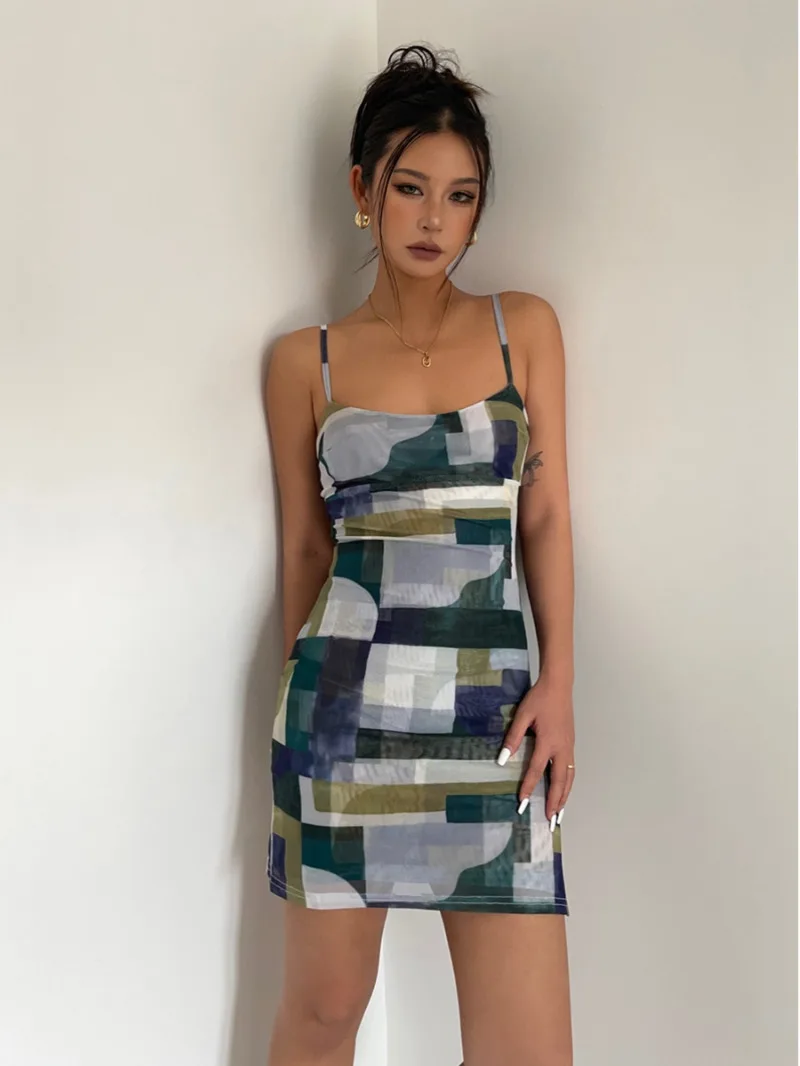 Vestido fino de malha de camada dupla feminino, xadrez, sexy, embrulhado, quadril, curto, menina picante, estilo americano, verão, F015