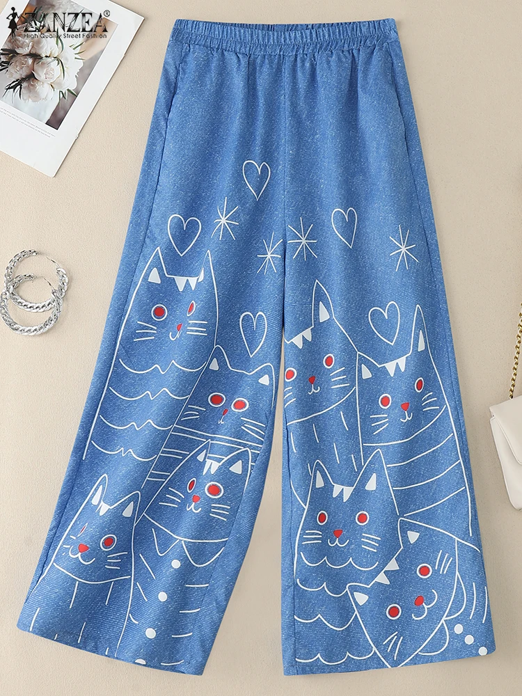 ZANZEA Women Long Wide Leg Pants High Waist Pockets Cartoon Print Vintage Trousers 2025 Autumn Casual Elastic Waist Pantalons