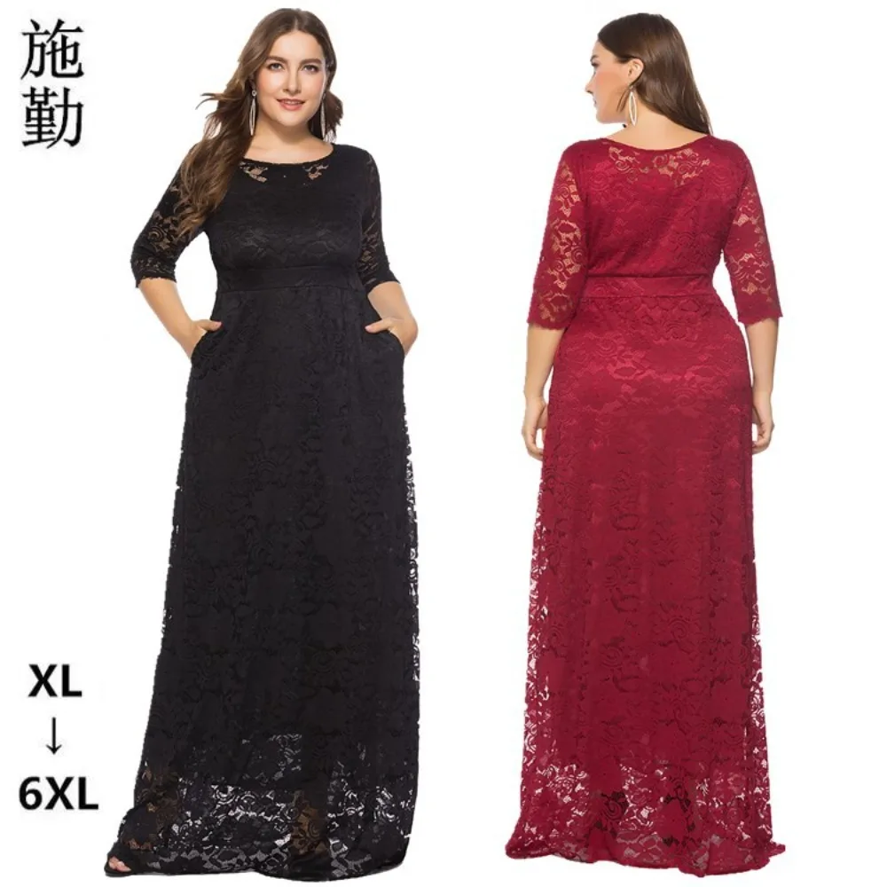 

2024 Europe and The United States Elegant Plus-size Women's Multi-color Lace Pocket Party Dress Evening Gown Bridesmaid Dress