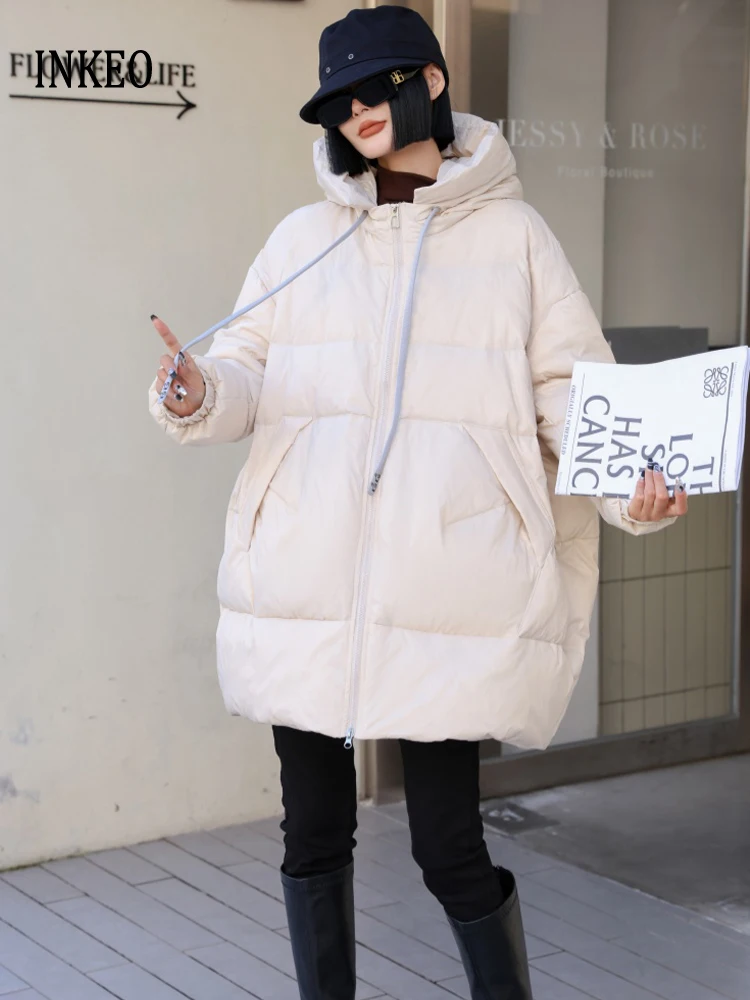 Oversize women 90% white duck down with hooded 2024 Fall winter Fashion Pockets zipper puffer coat Warm Solid color INKEO DJ047