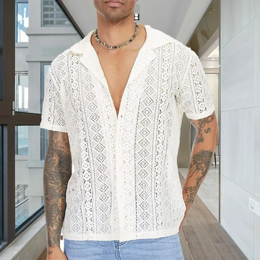 Men Summer Shirt Hollow Out Lapel Short Sleeves Single-breasted Loose Breathable Male T-shirt See-through Transparent Cooling