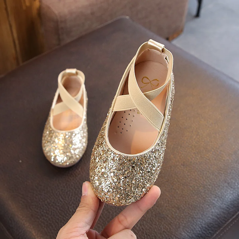Girls Ballet Flats Dance Party Girls Shoes Glitter Children Shoes Gold Bling Princess Performnce 5-12 Years Kids Shoes CSH1173