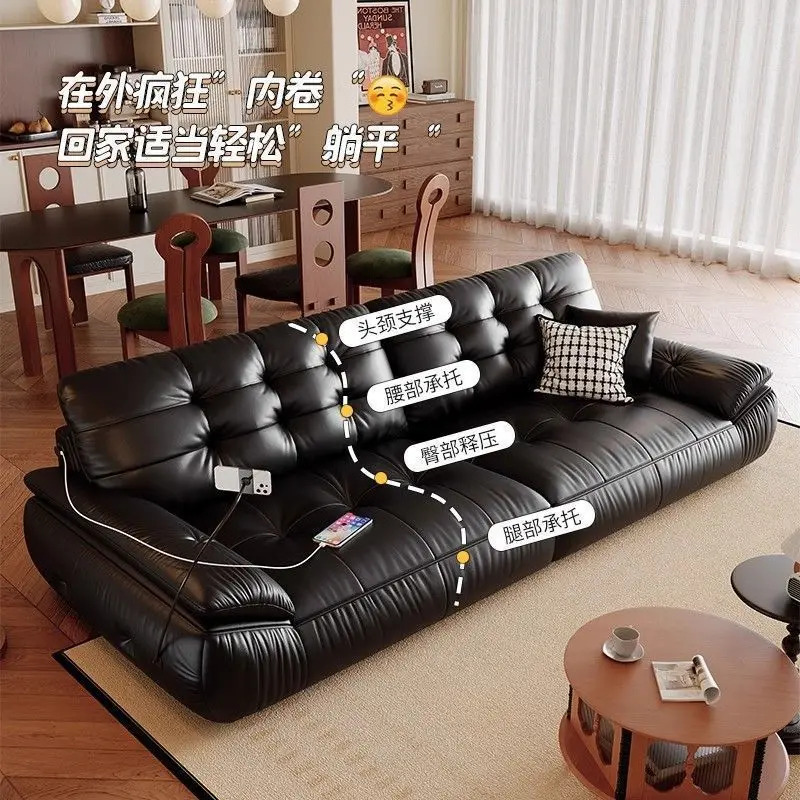 High-end leather art multi-functional ultra-soft sofa, light luxury black cloud leather sofa