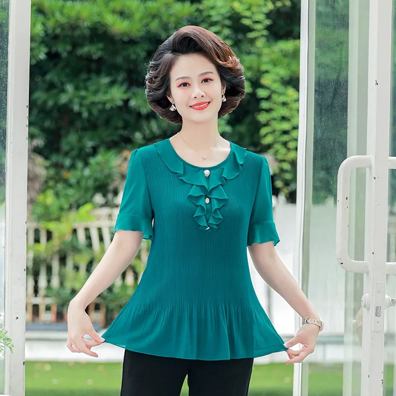 Women Summer Retro Vintage Elegant Office Lady Shirts Casual Loose Work Ruffle edge Crewneck Tops Blouses