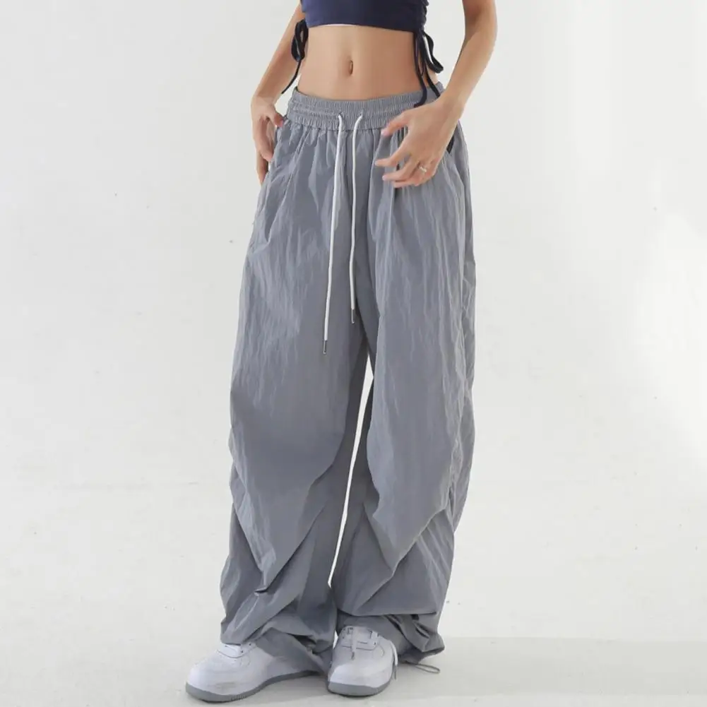 Women Sport Pants Elastic Waist Adjustable Drawstring Wide-leg Sweatpants Solid Color Cargo Long Trousers For Lady