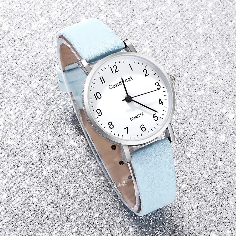 ชุดนาฬิกาหรูสีฟ้า6ชิ้นแหวนสร้อยคอต่างหูพลอยเทียม Fashion Jam Tangan สร้อยข้อมือผู้หญิงลำลองนาฬิกา