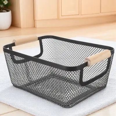 

Metal Mesh Basket With Wooden Handle Nordic Style Storage Organizer For Bathroom Shelf Wire Bins Small Baskets Organizing