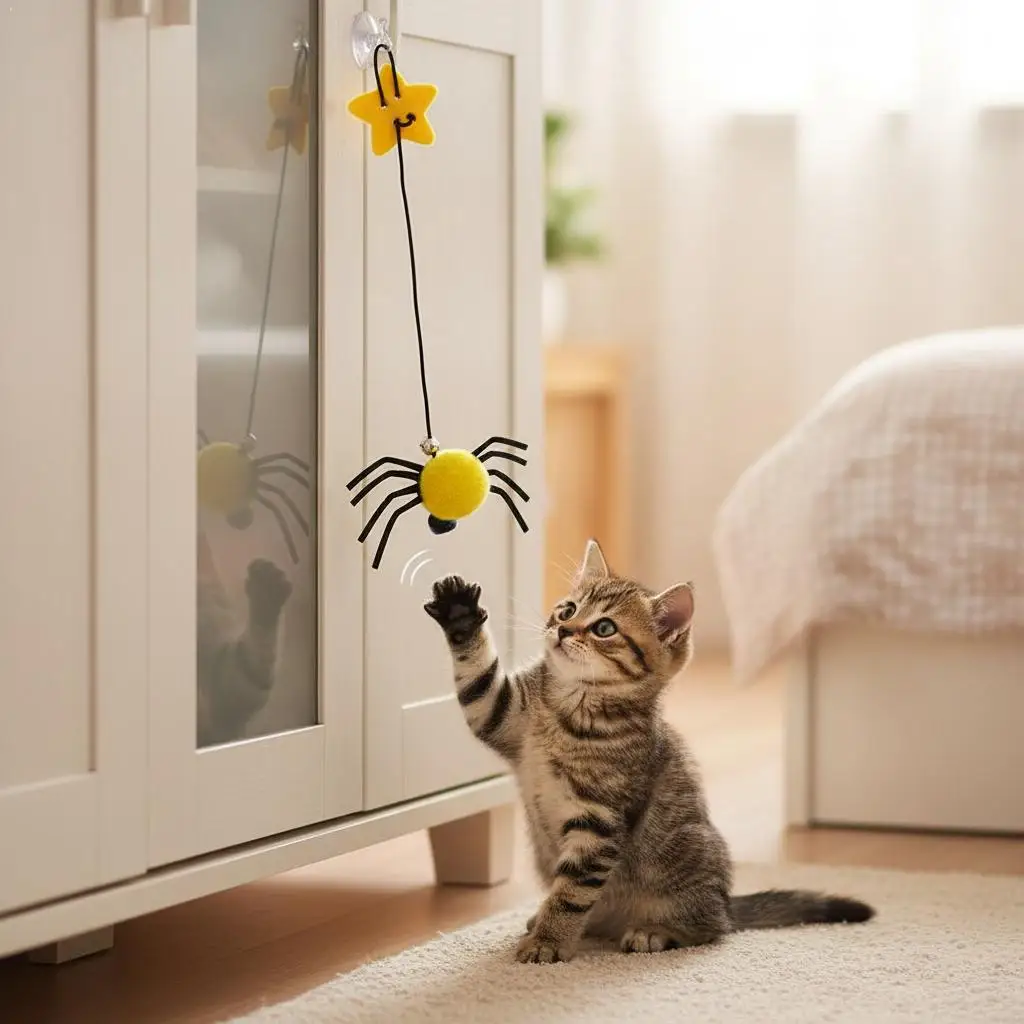 Interactive Hanging Cat Toy Automatic Bouncing Elastic String Spider Teaser With Bell Suction Cup Door Mount For Cats Self-play