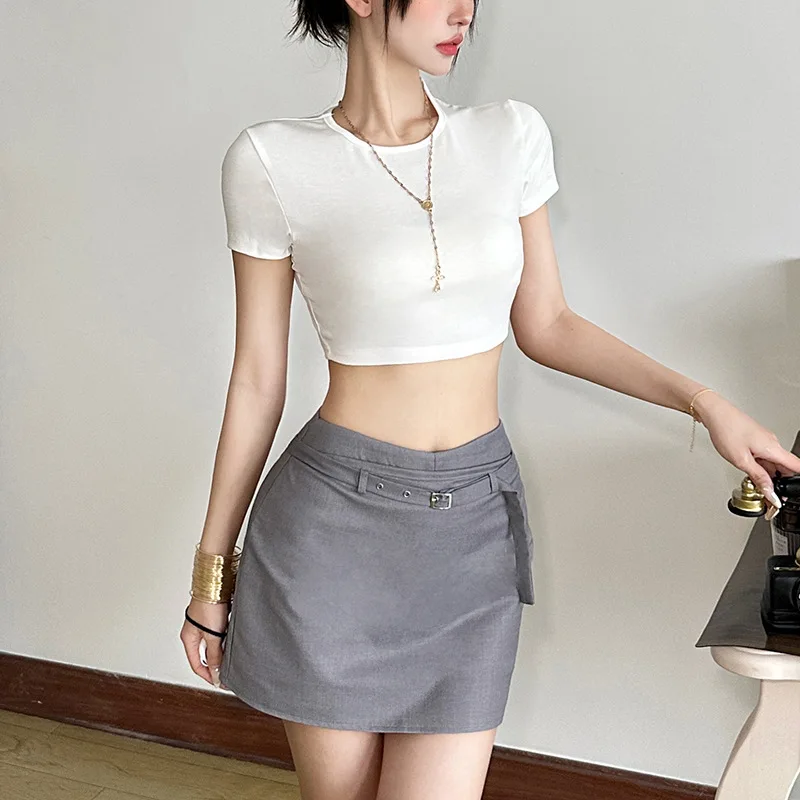 

Весна 2024, женский облегающий однотонный укороченный топ с застежкой на талии, трикотажная футболка ort Sve, сексуальные брюки, юбка, трансграничный Sle