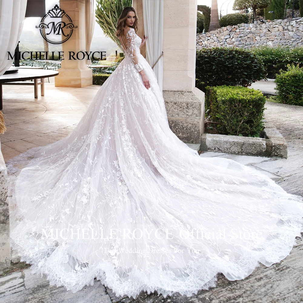 Michelle Royce A-Line V-neck Wedding Dresses For Women Sexy Illusion Appliques Sequined Exquisite Wedding Gown Vestido De Noiva