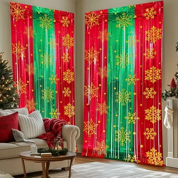 Xmas Snowflake Printed Foil Tinsel Fringe Curtain Christmas Party Backdrop Photo Background Wall Decor Festival Supplies