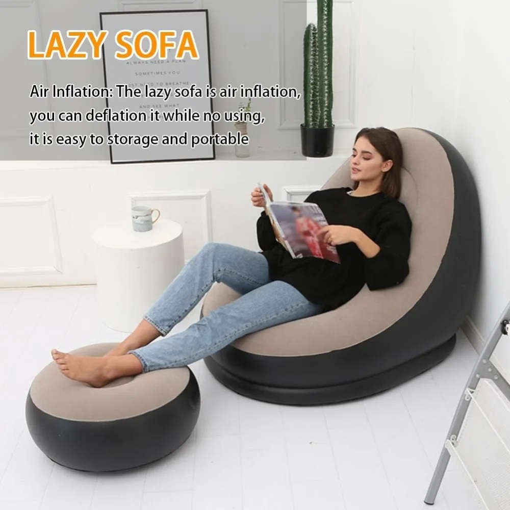 Nadmuchiwany fotel typu lazy sofa z powierzchnią z floku, wykonany z PVC, o nośności 100 kg, do salonu, sypialni, na kemping i do użytku na zewnątrz.