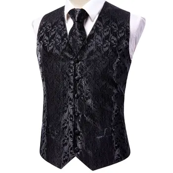 Men's Black Dress Vest Set with Tie Pocket Square Cufflinks - Jacquard Formal Tuxedo Waistcoat Suit Wedding Business Party 3