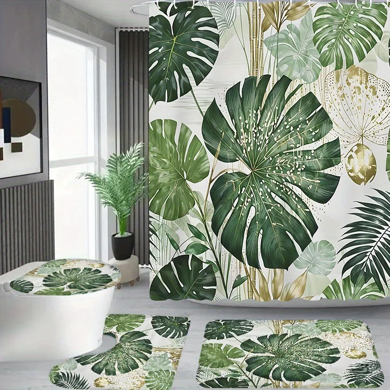 4pcs Watercolors Covered with Tropical Foliage Pattern, Apartment Bathroom, Hotel Shower Curtain Set, with 12 Hooks, Bathroo