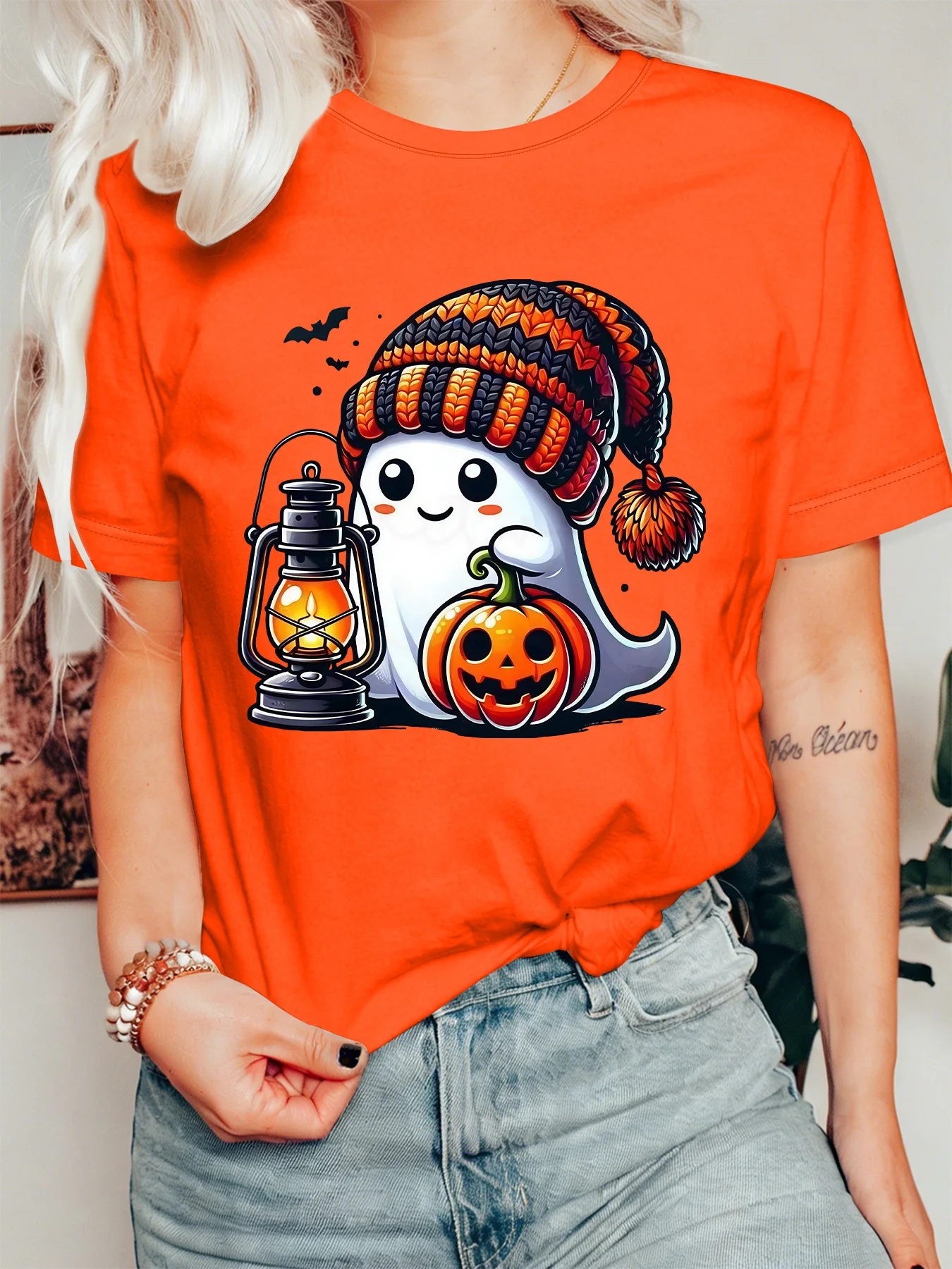 Halloween Ghost Womens T Shirt Knit Beanie Hat Lantern Pumpkin Bat Graphic Print Short Sleeve O Neck Casual Fall Party Tops