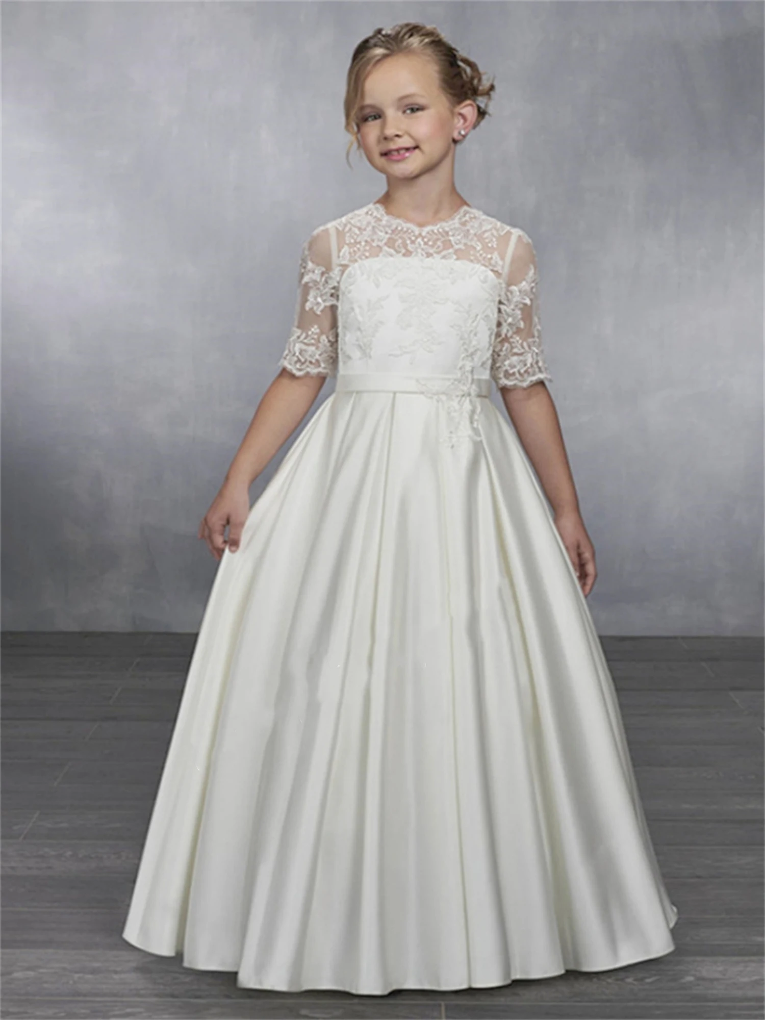 

Elegant Flower Girl Dress For Wedding Satin Lace Half Sleeve O-neck Kid Birthday Party Princess Ball Gowns First Communion Dress