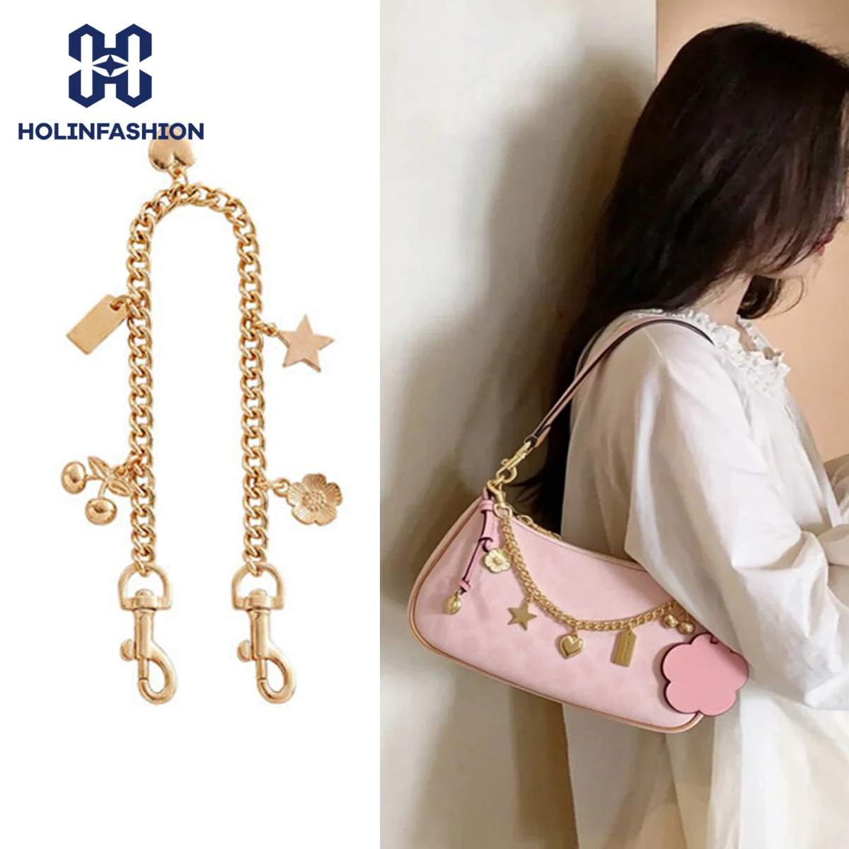 HOLINFASHION Colgante de aleación con diseño de estrella dorada, corazón y flor de cerezo para bolso, llavero y cadena decorativa para bolso Coach