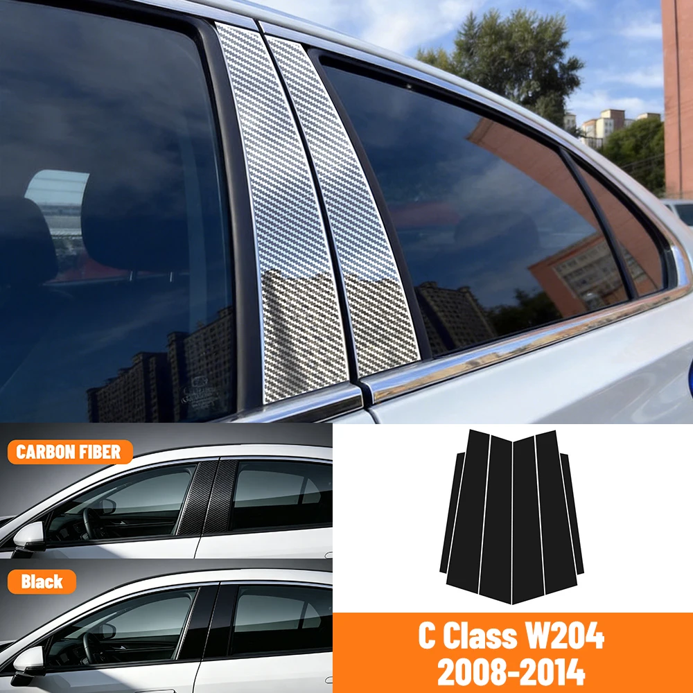 6 Stück glänzende, klavierlack-schwarze PC-Material Türfenster-B- und C-Säulenabdeckungen/Aufkleber für Mercedes Benz C-Klasse W204 2008-2014 – Detail 1