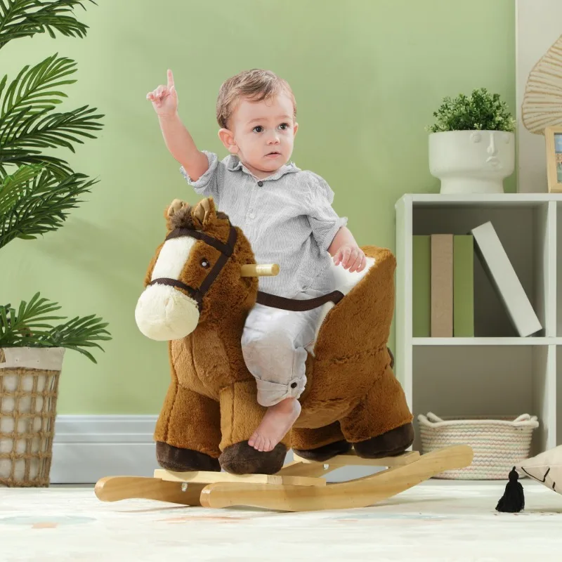Baby Rocking Horse, Plush Animal Rocker with Sound, Wooden Base, & Safety Belt for Ages 18-36 Months, Brown